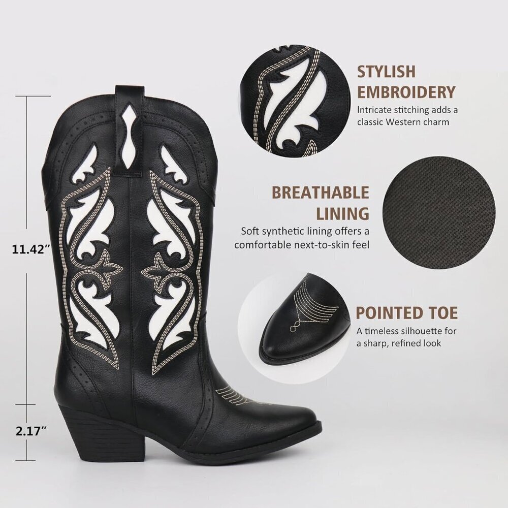 Hawkwell Women's Black Western Rodeo Cowgirl Chunky Block Heel Pull On Boot - Picture 4 of 6